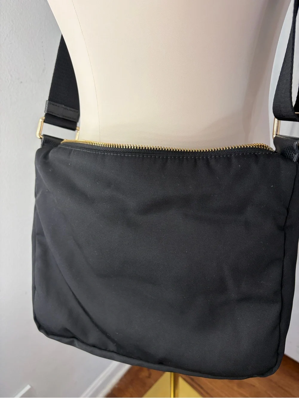 Y2K Coach Black Nylon Messenger Bag with Gold Accents and leather trim